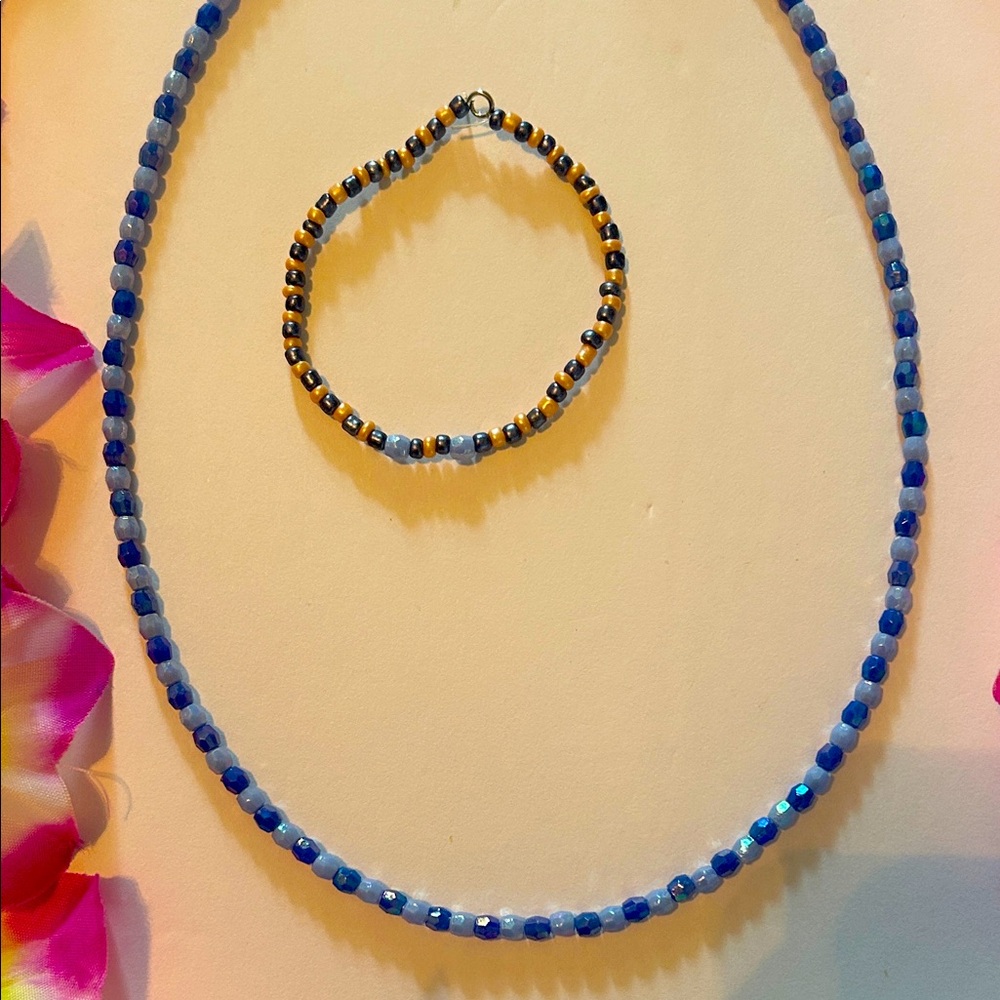Blue and Gold Beaded Necklace and Bracelet Set